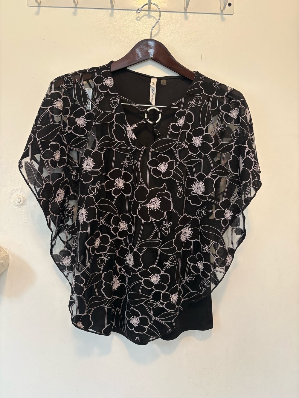 NY Collection Black Floral Sheer Overlay Blouse